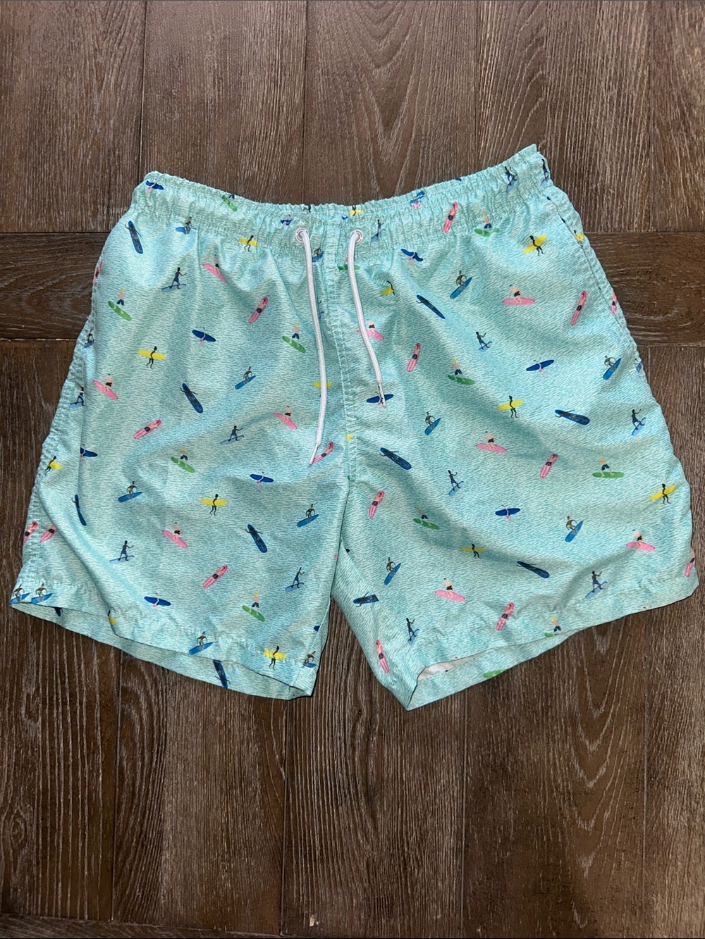 Boardie’s Men's Light Aqua Surfer Print Swim Trunks Size Small